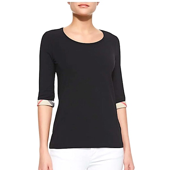 Burberry Black Beige Brit Long Nova Check Plaid Sleeve Blouse Small